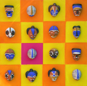 Öl auf Leinwand (50 x 50 cm) und afrikanische Gipsmasken